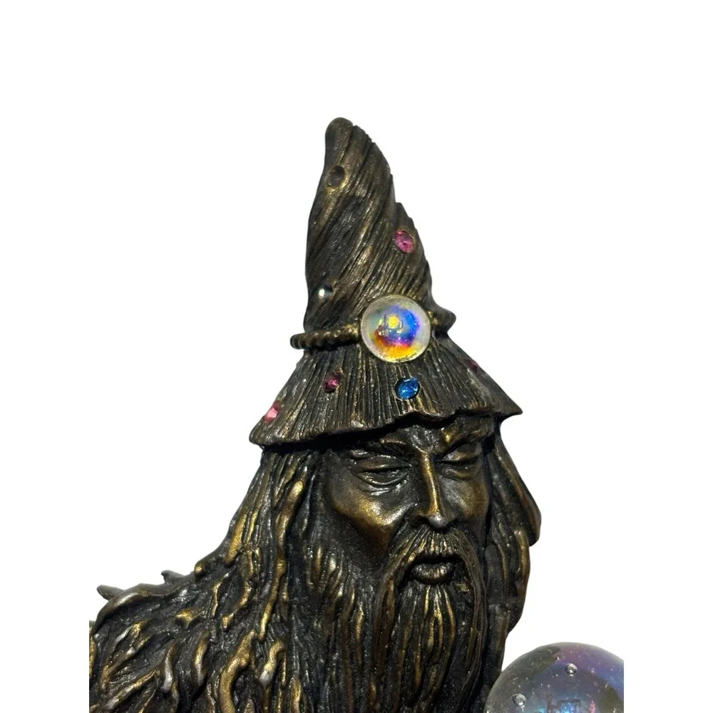 Vintage JJ Jonette Pewter Wizard Merlin Crystal Ball Orb Rhinestone Brooch Pin